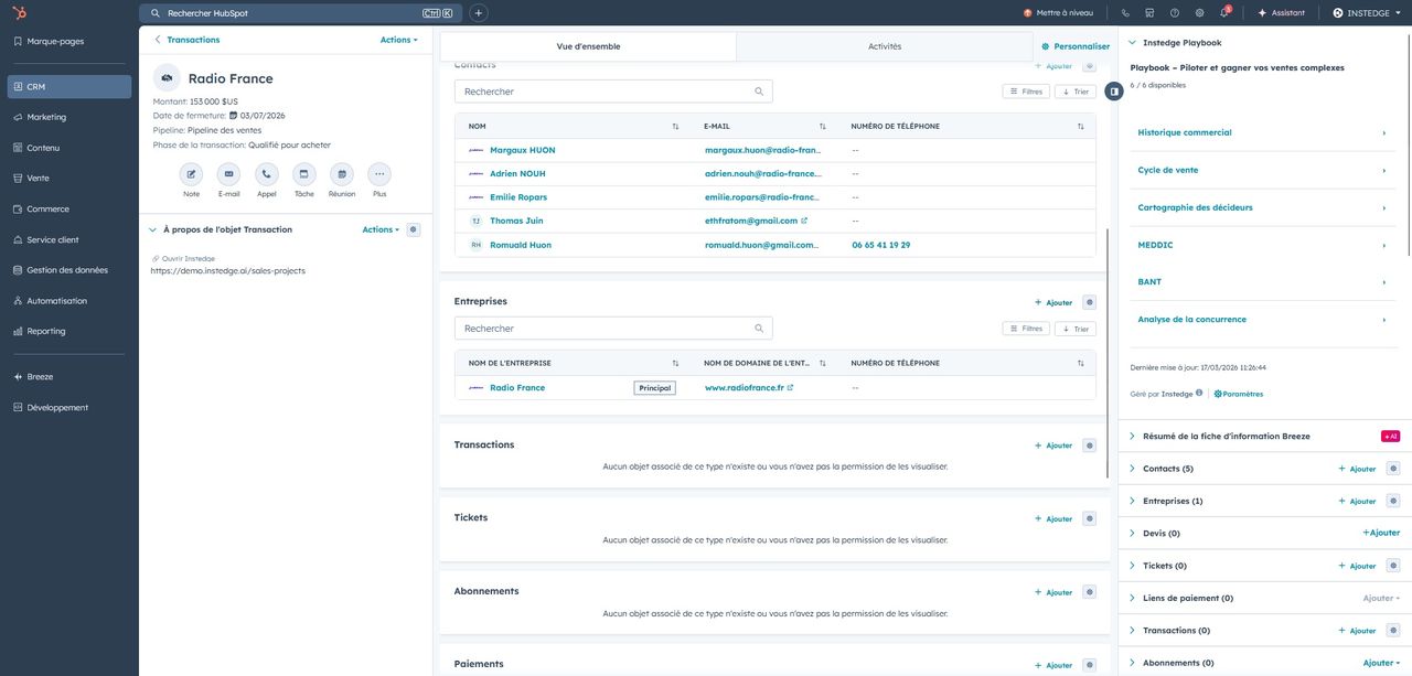Interface Instedge intégrée dans HubSpot