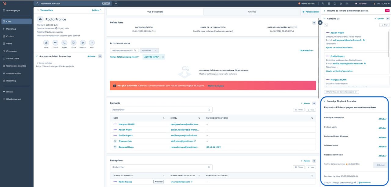 Interface Instedge intégrée dans HubSpot