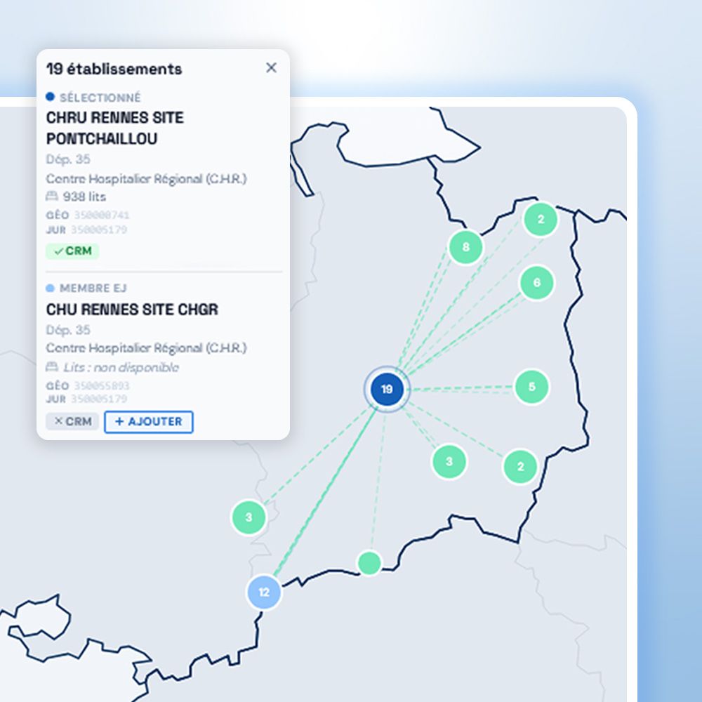 Instedge : carte du groupement hospitalier autour du CHRU de Rennes, 19 établissements liés